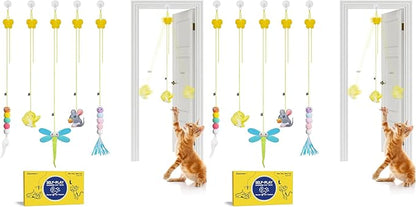Potaroma Interactive Cat Feather Toys 5 Pcs, Cat Teaser Retractable Hanging Indoor Kitten Play Chase Exercise, Mental Physical Stimulation for All Breeds and Species (Pack of 2)