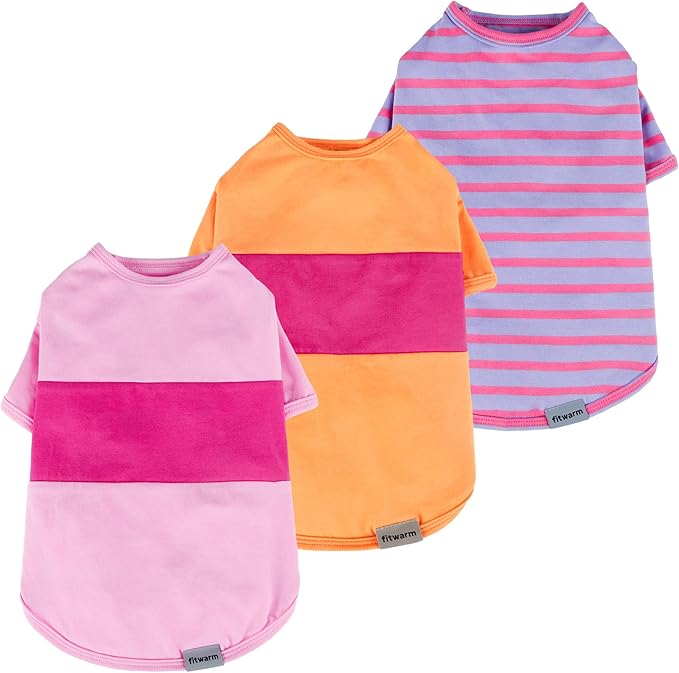 Fitwarm 3 Pack Color Block Striped Dog Shirt, Summer Dog Clothes for Small Dogs, Breathable Lightweight Dog Tshirt, Pet Outfit, Pink, Orange, Purple, XXL