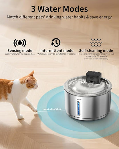 NPET Wireless Cat Fountain Stainless Steel, 1Gallon/135oz Battery Operated Automatic Pet Drinking Fountain - Cordless Dog Water Dispenser with 4 Replacement Filters for Cats Indoor