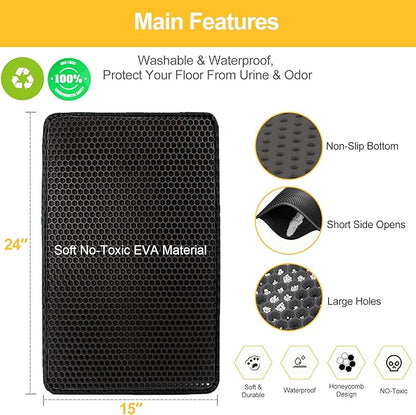 LeToo Cat Litter Mat Black Trapping for Litter Box, No Slip Large, Urine Waterproof, Honeycomb Double Layer Anti Tracking Kitty Mats, No Phthalate, Washable Easy Clean (24" x 15", Black)