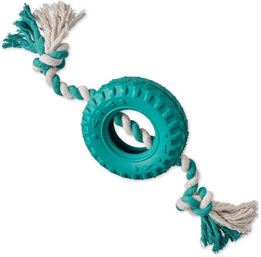 Pet Passion Natural Rubber Tire and Organic Cotton Rope Pull and Chew Dog Toy for All Pet Breeds, Teal, One Size