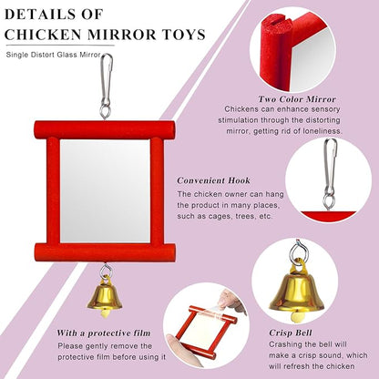 Sumind 2 Pieces Chicken Mirror Toys Hanging Swing Mirror with Bell Wooden Pecking Toy and 4 Pieces Beak Grinding Molar Stones for Hens Birds Parrots(Red,Purple)