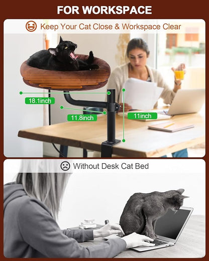 Heated Cat Bed for Desk Indoor, Heated Pet Bed Hammock for Home Office Workspace with Adjustable Mount & 360° Rotation Arm, Small Cute Raised Round Cat Pet Bed Heater Cat Window