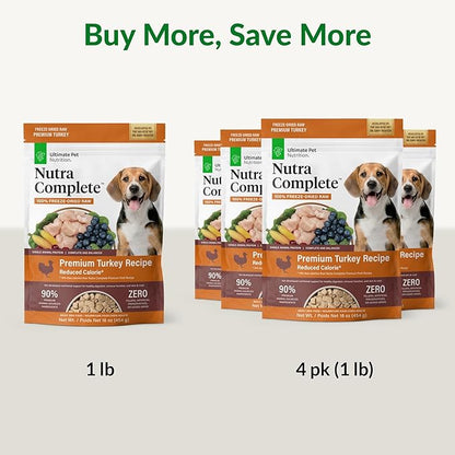 ULTIMATE PET NUTRITION Nutra Complete, 100% Freeze Dried Veterinarian Formulated Raw Dog Food with Antioxidants Prebiotics and Amino Acids, (1 Pound (Pack of 4), Turkey)