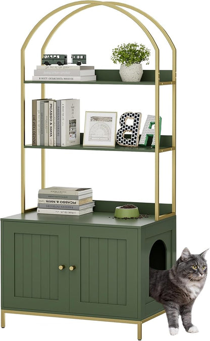 Homhedy Cat Litter Box Enclosure, Litter Box Furniture Hidden with 2-Tier Storage Shelves, Wooden Cat Washroom Furniture with Metal Frame, Modern Style, Green and Gold
