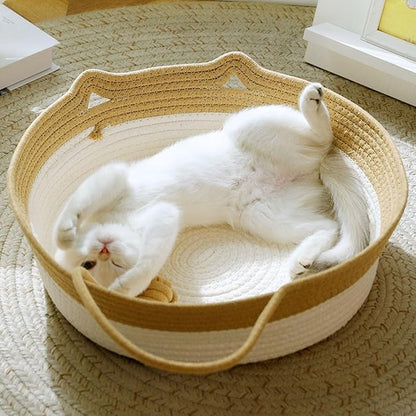Handwoven Cat Bed, Cotton Rope Cat Basket Comfy Cat House for Summer and All Seasons, M Litter Basket with Unique Design, Easily Washed, Multifunctional Pet Supplies