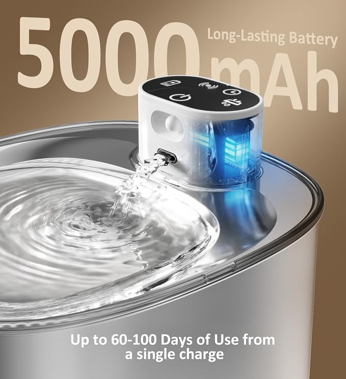 Stainless Steel Cat Water Fountain,152fl-oz/4.5L Wireless Cat Fountain,5000mAh Battery Operated Pet Water Fountain for Cats Dogs,Ultra Quiet