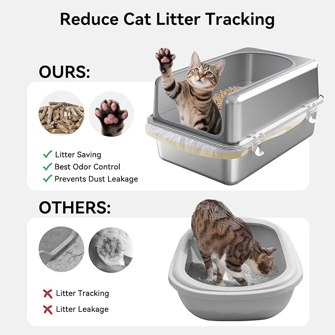 XXL All Stainless Steel Sifting Litter Box for Pine Pellets,Sifting Cat Litter Box with Lid,16''High Sides Metal Sifter Litter Pan System for Big Cats,Odor Control,Easy to Clean