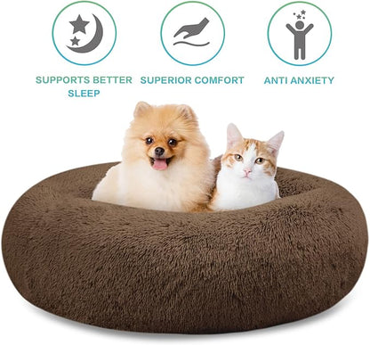SAVFOX 23 inches Calming Donut Dog Bed - 3X Durable Plush Faux Fur, Machine Washable & Non-Slip, Fits up to 25 lbs, Brown