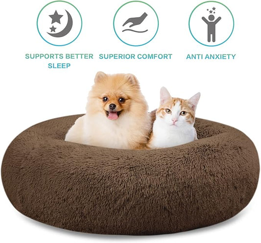 SAVFOX 20 inches Calming Donut Dog Bed - 3X Durable Plush Faux Fur, Machine Washable & Non-Slip, Fits up to 15 lbs, Brown