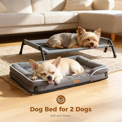 Lekereise Raised Outdoor Small Dog Bed Cot + Orthopedic Indoor Dog Sofa Bed, 2-in-1 Design,32 x 25 Inch Cooling Elevated Puppy Bed with Egg-Crate Orthopedic Foam Load 40lbs