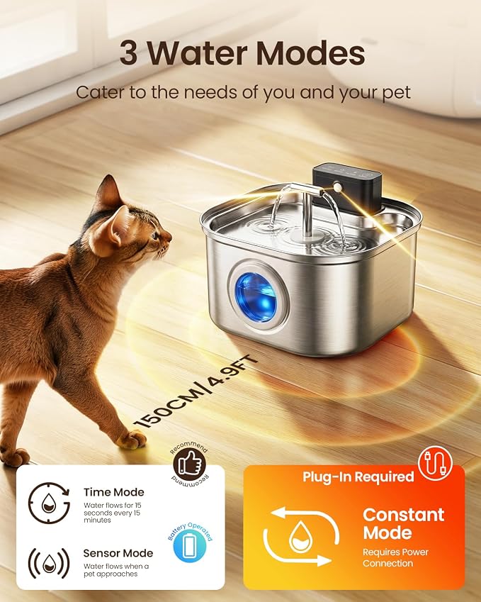 Cordless Cat Water Fountain Stainless Steel,3.2L/108oz Rechargeable | Wireless Battery Operation, Motion Sensor, Automatic Water Flow, Quiet Pump, Includes 4 Replacement Filters