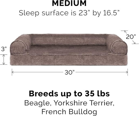 Furhaven Orthopedic Dog Bed for Medium/Small Dogs w/ Removable Bolsters & Washable Cover, For Dogs Up to 35 lbs - Faux Fur & Velvet Sofa - Driftwood Brown, Medium