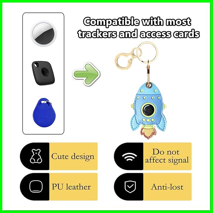 Leather Keychain Holder Case Compatible with AirTag,Cute Protective Cover with Keyring,Anti-Scratch Finder GPS Tracker Case for Wallet Keys,bag,pets,Backpack(Rocket Green)