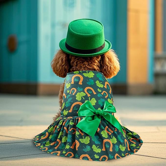St. Patrick's Day Dog Costume Dress M – Lucky Clover and Horseshoe Design with Green Bow, Pet Outfit for 8-9 lbs Dogs and Cats, Holiday Party Clothes