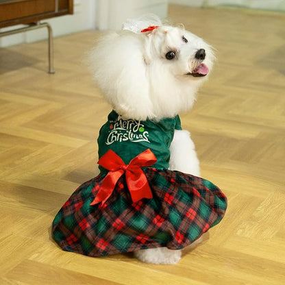 CuteBone Christmas Tree Dog Dress Velvet for Small Dogs Girl Puppy Dresses Green Plaid Dog Clothes CVA05XXS-D