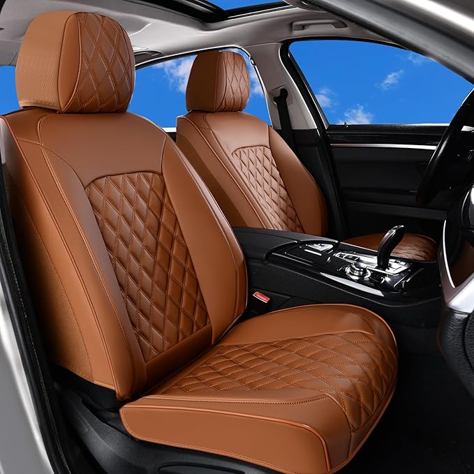 Huidasource Brown Seat Covers, Nappa Leather Car Seat Covers, Velcro Adjustable, Compatible with Airbags, Armrests, Child Seat, Seat Belts, Fit for Most Cars, Vans, Trucks, SUVs (Full Set/Brown)