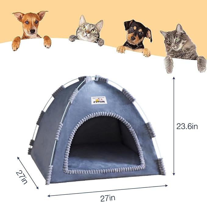 Indoor Outdoor Pet Tent Cat Cave House Portable Easy Assembly Cat Bed Cave with Warm & Cozy Pad Lightweight Durable Washable Shelter for Cats Small Dogs Puppies and Other Small Animals-Dark Gray