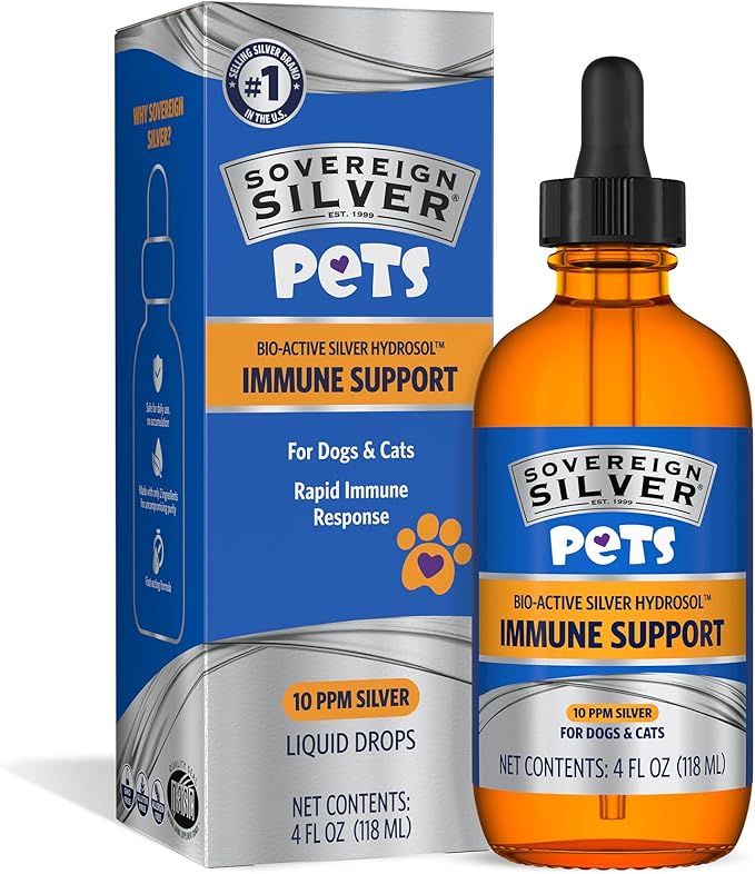 Sovereign Silver Pets Immune Support - Colloidal Silver, Bio-Active Silver Hydrosol, for Dogs and Cats 10 ppm, Liquid Dropper, 4 Fl Oz, (118 mL)