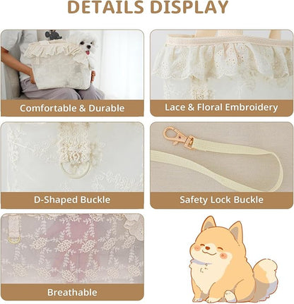 ONECUTE Dog Carrier for Small Dogs Rabbit cat with Lace Design, Cotton Bag, Dog Carrier Soft Sided, Collapsible Travel Puppy Carrier (Beige, 9.4" L x 5.9" W x 9.4" H)