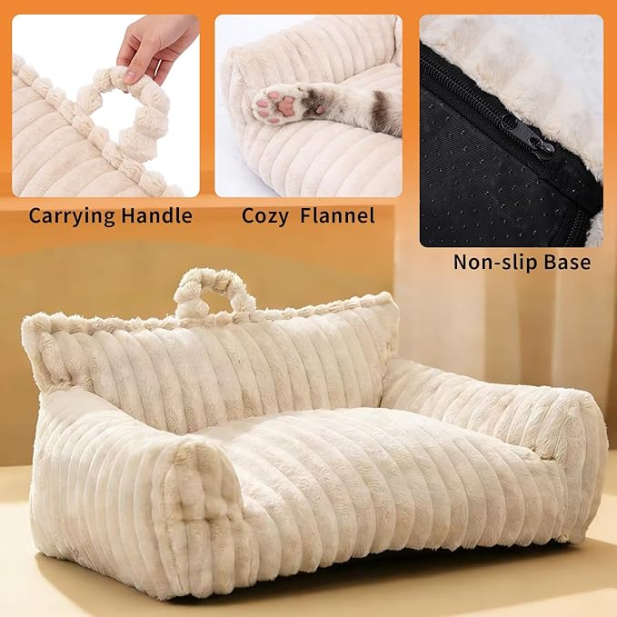 Luxury Plush Cat Couch Bed for Pets with Removable Washable Cover,Supportive Cat Sofa for Indoor Cats & Small Dogs,Plush Pet Couch with Handles (Beige, 24"x18"x10")