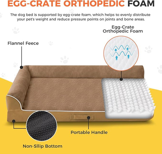 Dog Bed Large Sized Dogs, XL Orthopedic Dog Bed for Large Dogs 42"x30"x7.5", Waterproof Pet Bed with Washable Removable Cover, L-Shaped Pet Couch with Portable Handle, Camel