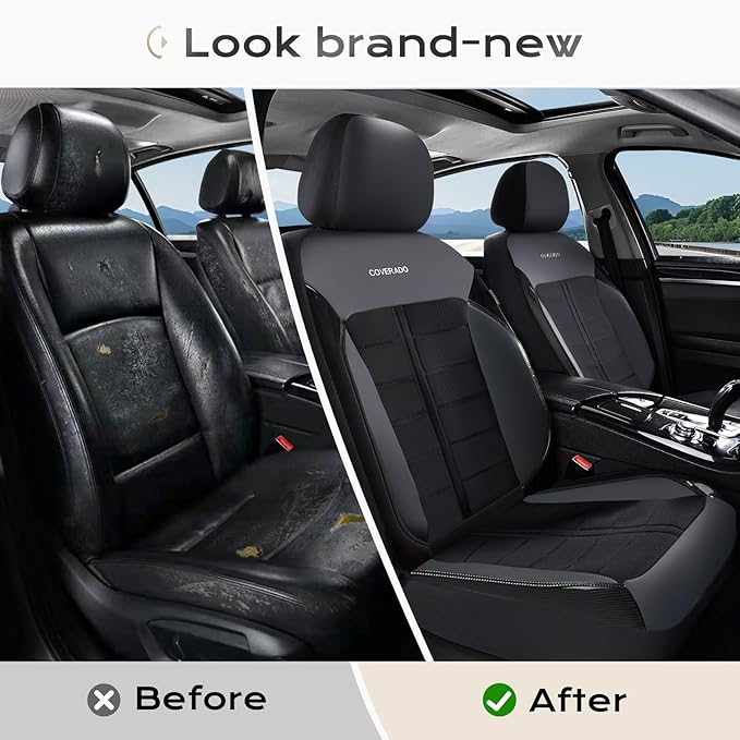 Coverado 3D Air Mesh Front Car Seat Cover, Sports Carbon Fiber Design, Breathable Seat Protectors Airbag Compatible Comfort Universal for Most Cars, Van,Trucks, SUV, Black