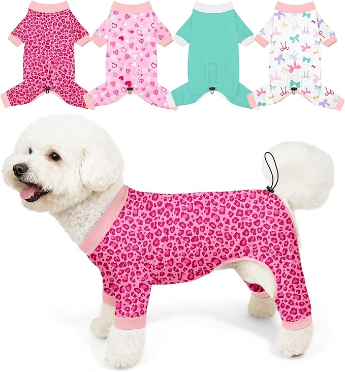 Bienbee Dog Pajamas, 4 Pack Dog Recovery Suit Shedding Suit Cute Soft Puppy Clothes Dogs Pjs Onesies Jammies Adjustable Breathable & Stretchy Clothes for Small Medium Large Dogs Girl Boy Puppy-M