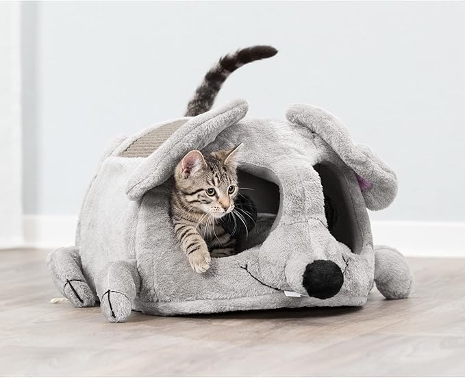 TRIXIE Lukas Cuddly Cave, Plush Mouse Character Cat Condo, Sisal Cat Scratcher, Crinkle Fabric, Padded Bed, Gray