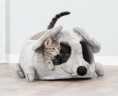 TRIXIE Lukas Cuddly Cave, Plush Mouse Character Cat Condo, Sisal Cat Scratcher, Crinkle Fabric, Padded Bed, Gray