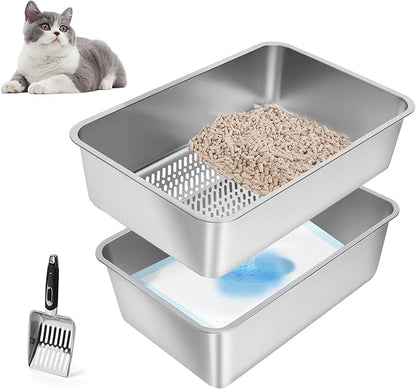 Stainless Steel Sifting Litter Box, 23.6" L x 15.7" W x 8" H Semi-Enclosed Metal Cat Litter Box with Sifting Pan, Scoop for Big Cat Easy Cleaning