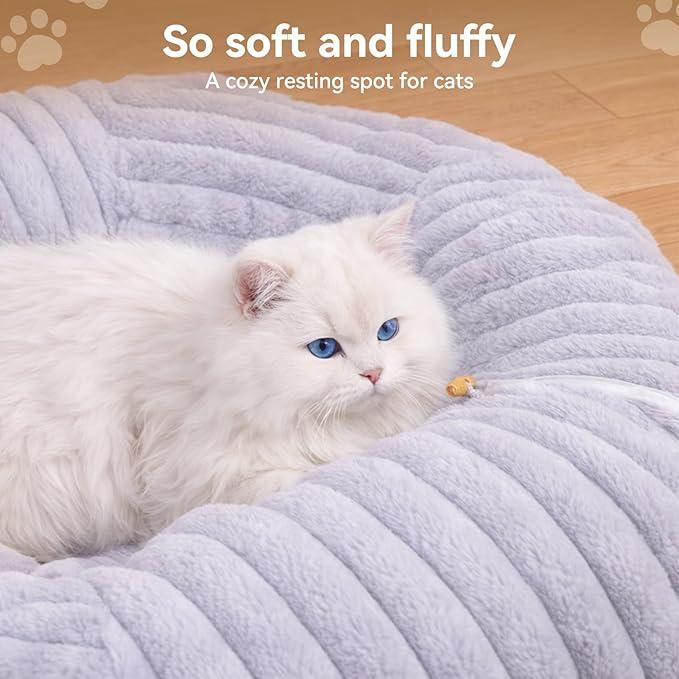 Dogpals Ultra-Soft Cat Tunnel Bed - Soft Washable Cushion, Peekaboo Hideaway Cave for Indoor Cats, Kittens, Puppies, and Rabbits - Deluxe Upgraded with Luxurious Striped Hare-Feel Fabric (Grey)