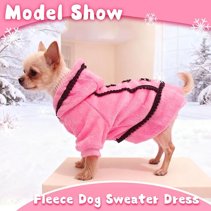 Christmas Dog Sweaters for Small Dogs Winter Dog Dress Girl Puppy Sweater Fleece Warm Puppy Dresses with Leash Hole Cute Pink Clothes Bowtie Chihuahua Sweaters Pet Doggie Oufit (XX-Small)