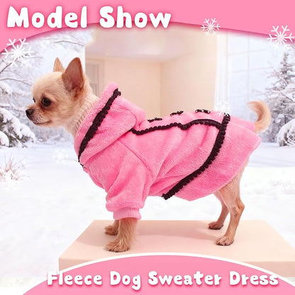 Christmas Dog Sweaters for Small Dogs Winter Dog Dress Girl Puppy Sweater Fleece Warm Puppy Dresses with Leash Hole Cute Pink Clothes Bowtie Chihuahua Sweaters Pet Doggie Oufit (XX-Small)