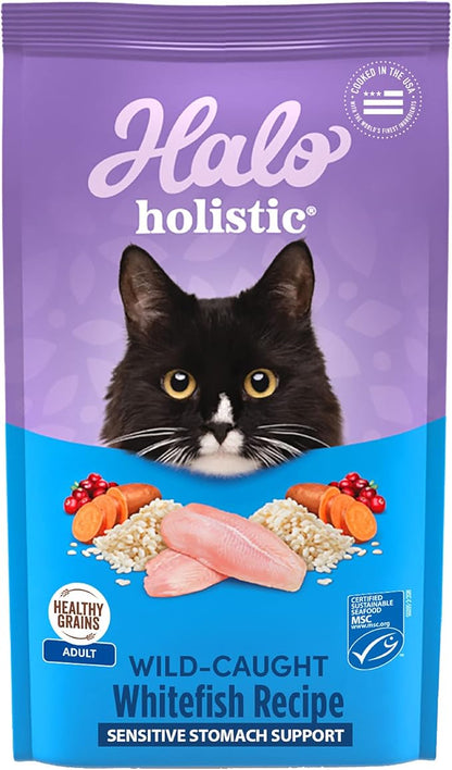 Halo Holistic Cat Food Wild Caught Whitefish Formula, Healthy Grains Dry Cat Food, For Sensitive Stomach Support, Kibble for Adult Cats, 10 lb Bag