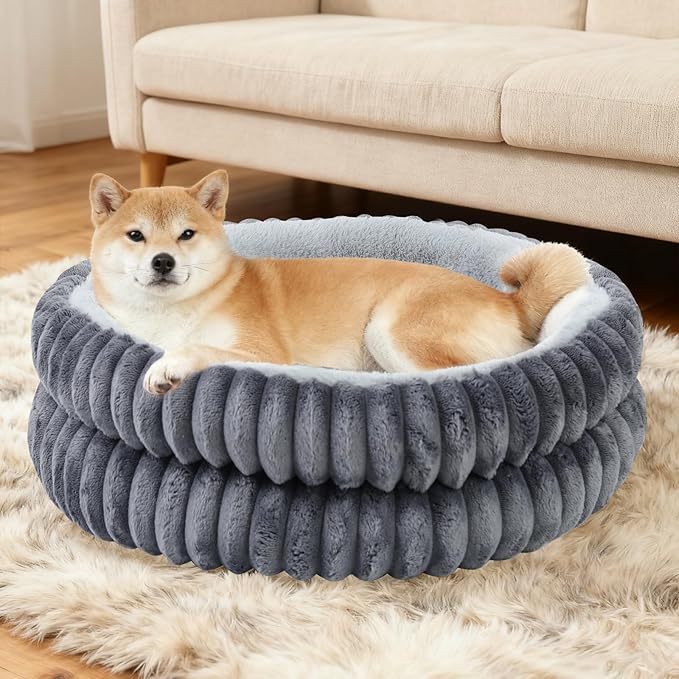 Washable Round Donut Dog Bed,Cat Beds for Indoor Cats,Fluffy Puppy Dogs Beds for Small Dogs with Anti-Slip Bottom(Grey,M)