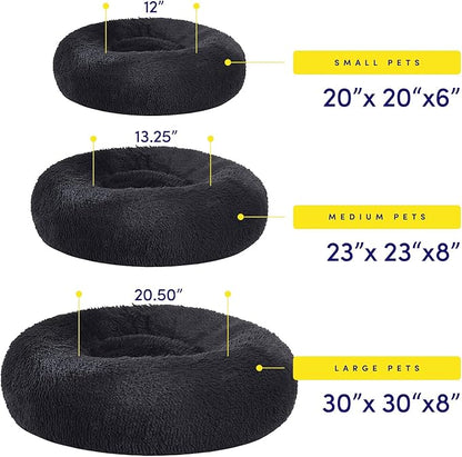 Dog & Cat Bed: Round Faux Fur Pet Bed - Plush, Cozy, & Calming Donut Bed for Medium Pets - Soft & Comfortable Sleeping Cushion for Napping & Lounging, 23" Round, Black