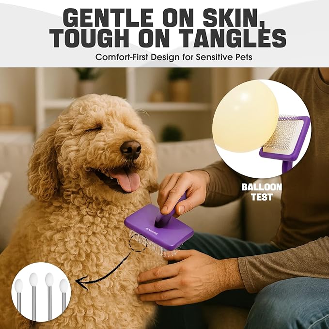 Bonteck Dog Slicker Brush for Dogs Grooming Kit 4PCS | Large Dog Brush for Goldendoodles Poodles Doodles | Long Pin Haired Brush | Poodle Brushes and Comb (Purple)