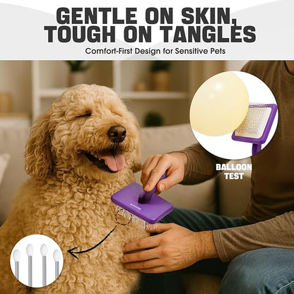Bonteck Dog Slicker Brush for Dogs Grooming Kit 4PCS | Large Dog Brush for Goldendoodles Poodles Doodles | Long Pin Haired Brush | Poodle Brushes and Comb (Purple)
