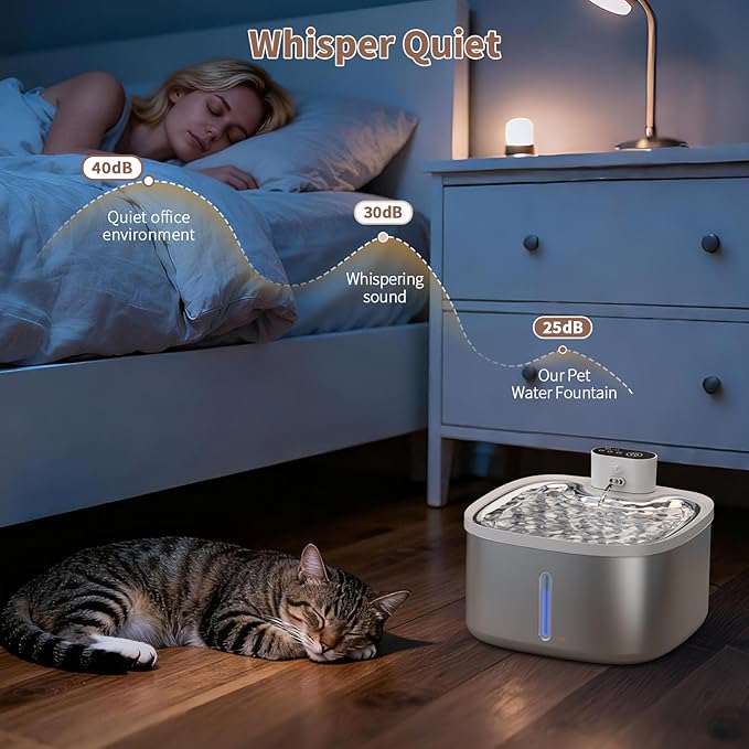 Cat Water Fountain Stainless Steel Wireless 118oz/3.5L–Cordless Battery-Operated Pet Water Dispenser with All-in-One Rechargeable Pump, Quiet Indoor Fountain for Cats & Dogs (Fountain+8Filters)