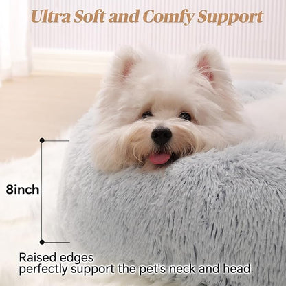 Calming Small Dog Bed, Donut Fluffy Anti-Anxiety Round Washable Cute Bed, Plush Cozy Cuddler Warming Soft Comfort Pet Bed for Small Medium Dogs Cats, 28inch,Light Grey