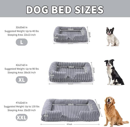 Orthopedic Dog Bed for Large Dogs, Removable Washable Cover & Waterproof Lining, Egg Support Foam with Stripe Faux Rabbit Fur, 47x32x3 Inches, Gray