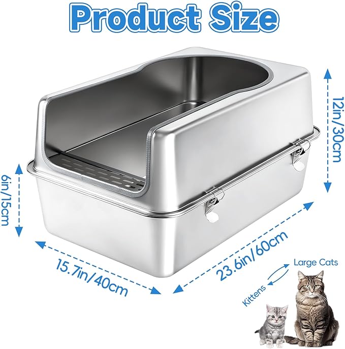 Stainless Steel Cat Litter Box XXL, 23.6" L x 15.7" W x 11.8" H Extra Large Semi Enclosed Removable Metal Litter Tray with High Sided Enclosure, Scoop, Anti-Leakage, Non-Sticky, Easy Cleaning