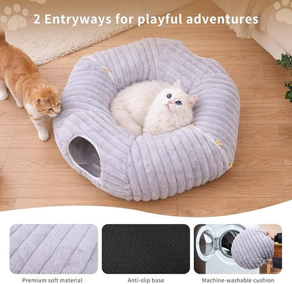 Dogpals Ultra-Soft Cat Tunnel Bed - Soft Washable Cushion, Peekaboo Hideaway Cave for Indoor Cats, Kittens, Puppies, and Rabbits - Deluxe Upgraded with Luxurious Striped Hare-Feel Fabric (Grey)