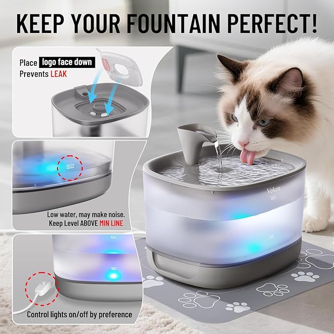 Veken Cat Water Fountain with Detachable Tank, Easy to Clean & Assemble, 85oz/2.5L Pet Drinking Dispenser with Quiet Operation & LED Light, Gifts for Christmas, Cats, Dogs and Small Pets, Grey