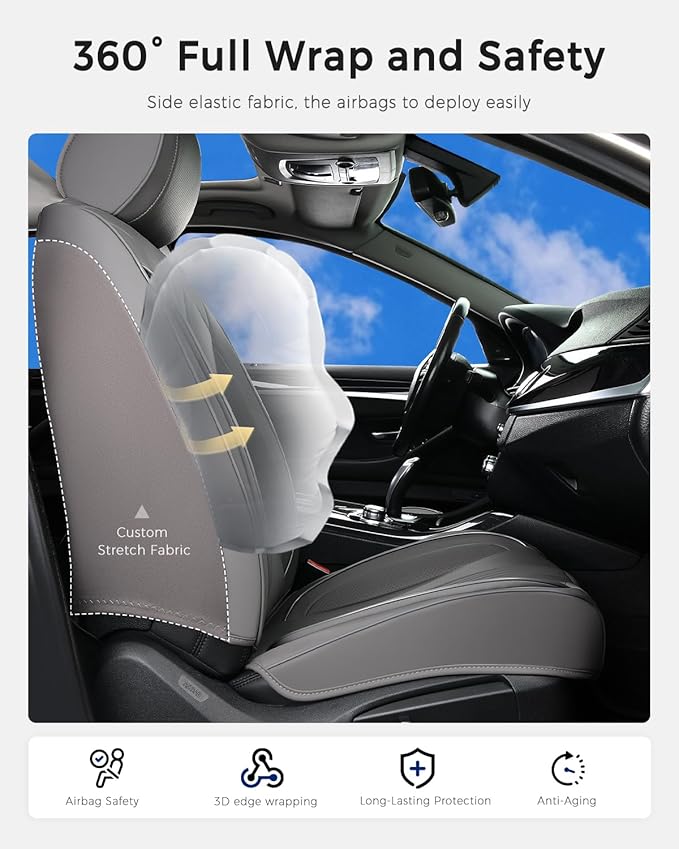 Huidasource Gray Front Seat Covers, Nappa Leather Front Car Seat Covers with Lumbar Support, Ventilation Holes, Elastic Fabric, Airbag, Full-Coverage Seat Covers, Fit for Most Cars SUV Trucks, Gray