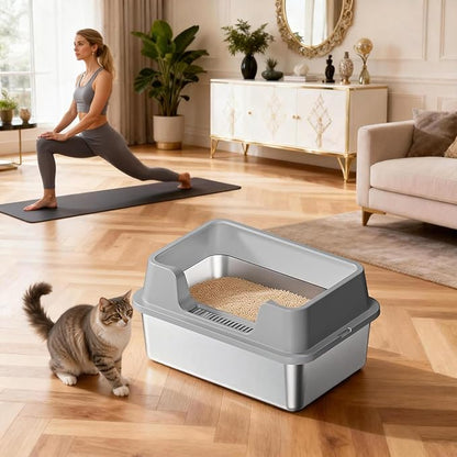 Enclosed Stainless Steel Cat Litter Box with Lid Extra Large Litter Box for Big Cats XL Metal Litter Pan Tray with High Wall Sides Enclosure, Non-Sticky, Anti-Leakage, Easy Cleaning