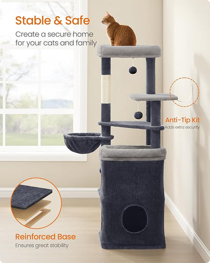 Feandrea Cat Tree, 60-Inch Cat Tower, Multiple-Level Plush Condo with 2 Caves, 3 Scratching Posts, 3 Perches, Dark Gray UPCT007G02