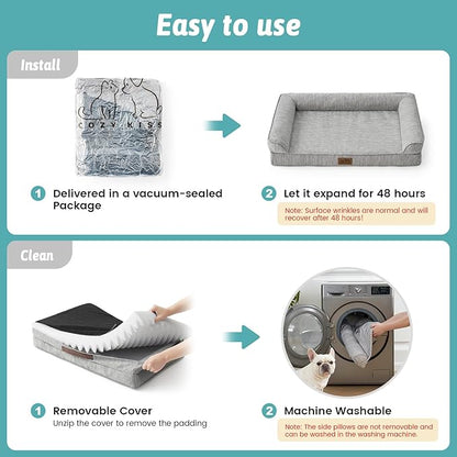 COZY KISS Cooling Dog Bed, Orthopedic Foam Dog Bed with Sides, Removable Washable Cover & Waterproof Lining and Nonskid Bottom, Comfortable Pet Beds for Small Dogs, Grey (30" L x 20" W x 6" Th)