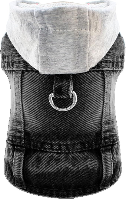 Cool Dog Jean Jacket Vest with D-Ring Black Denim Dogs Hoodies Outfits for Small Medium Dogs Cats Boy Male Dog Clothes Costume Dogggie Puppy Harness Coat for Frenchie Walking(Grey Hat,S)